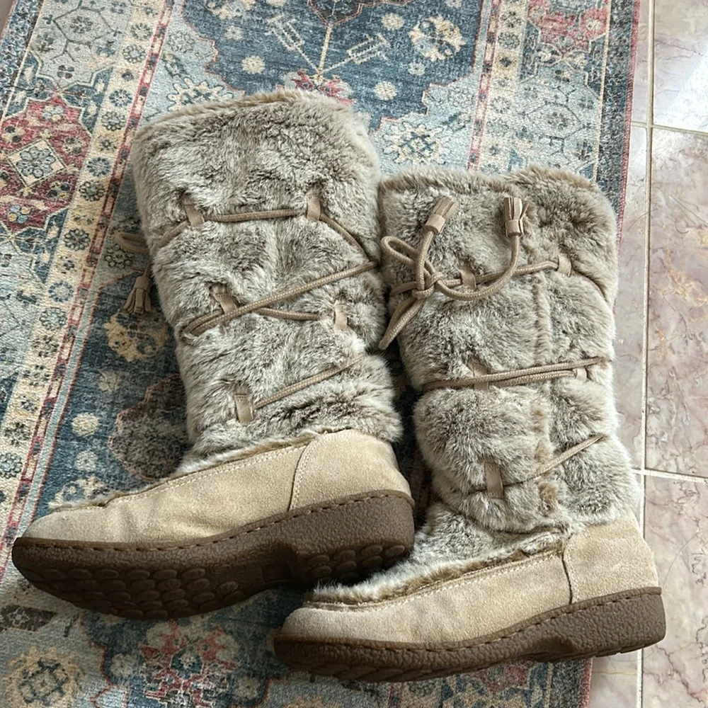 Sam Edelman Faux Fur Leather Suede Boots Neutral Warm Winter Size 7.5